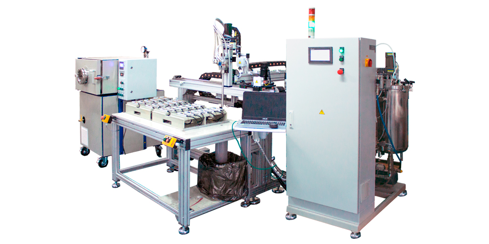 СТАРТ-МЭК координатный манипулятор компаундирования и корпусирования электротехнических изделий СТАРТ-МЭК производства АСД-ТЕХНИКА в составе с термо-вакуумным шкафом координатным манипулятором и дозирующей машиной